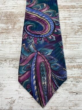 Vintage Wembley Silk Tie Purple Blue Paisley Abstract Wide Necktie 90s USA
